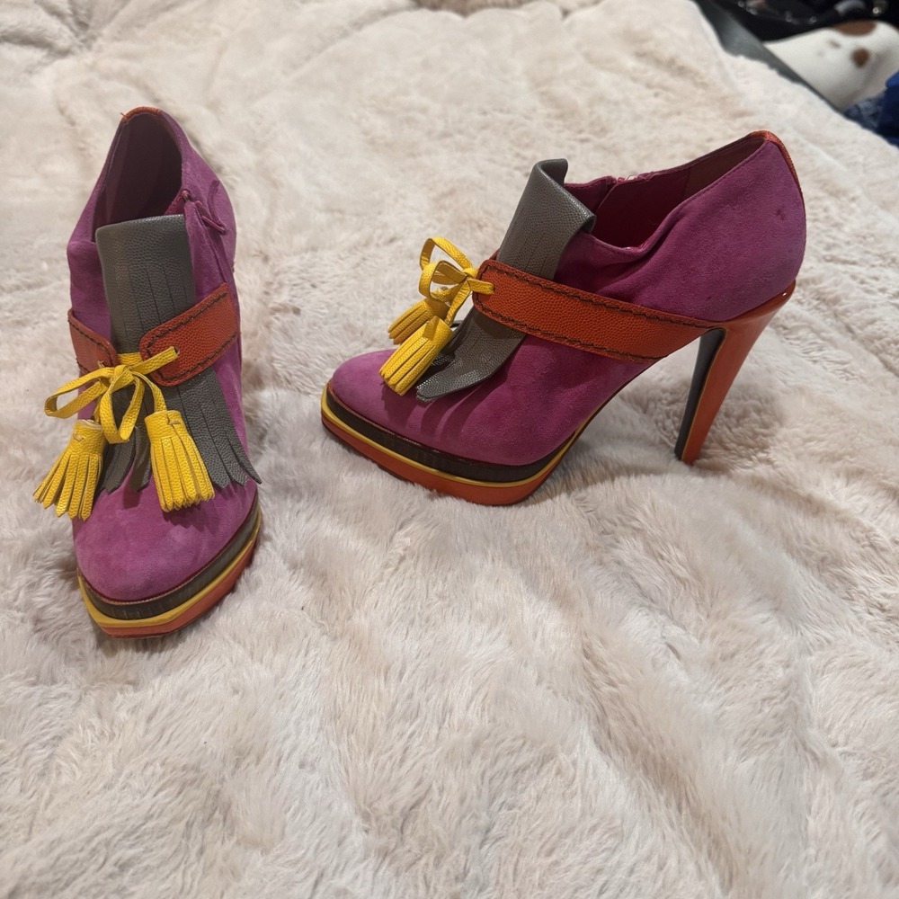 Cole Haan Air Stiletto Kiltie Suede Bootie Heels Multicolor Tassel Sz 7.5